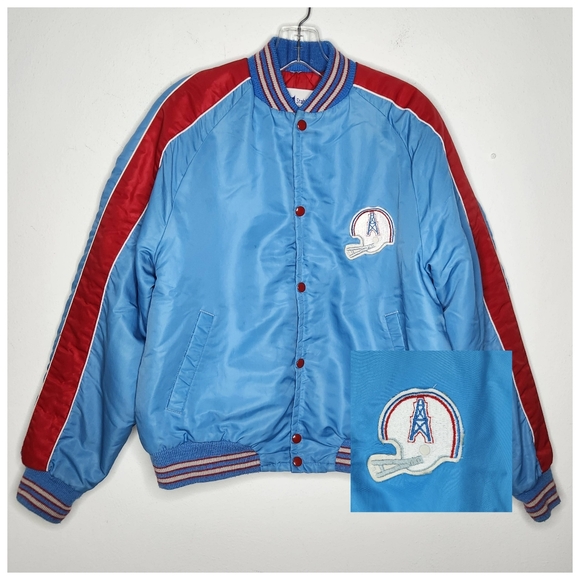 Houston Oilers Vintage Adult Large 1980s 70s Stahl Urban Jacket Coat Blue Snap - Picture 1 of 12